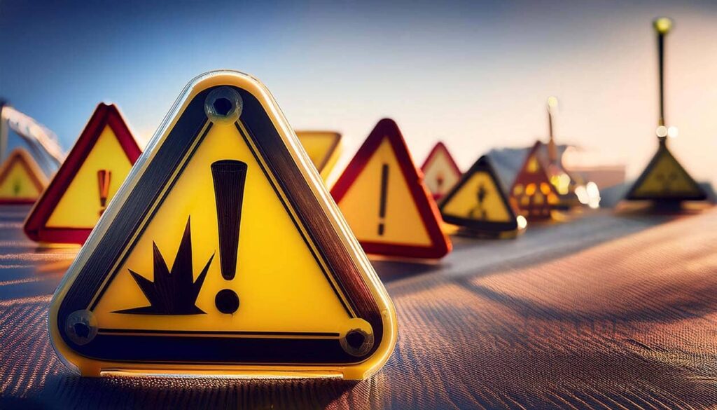 Multiple caution signs on a road, caution sign has an exclamation point in it. Image was created by AI.  Close-Up of Warning Signs and Symbols, Emphasizing Caution and Safety